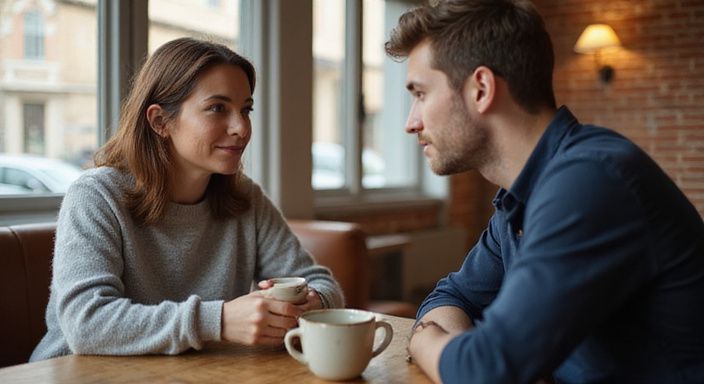 Eine Frau und ein Mann führen ein bedeutungsvolles Gespräch über MILF Sexkontakt in einem Café.