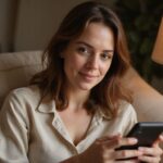 Eine Frau sitzt entspannt auf einer Couch und hält ein Smartphone