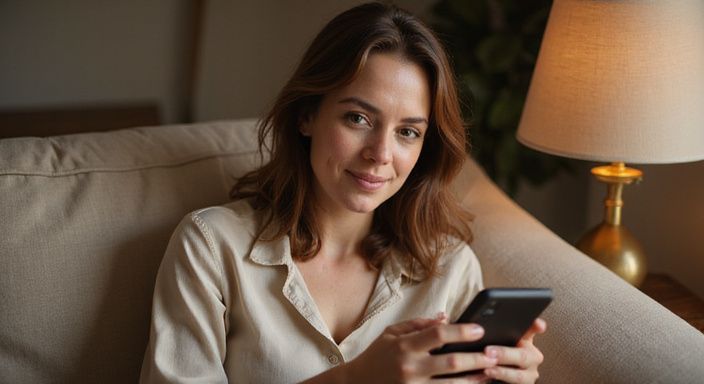 Eine Frau sitzt entspannt auf einer Couch und wollen MILF Sexkontakt.