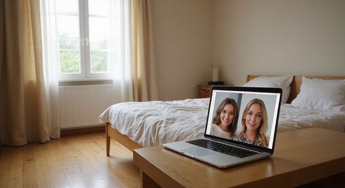 Ein einladendes Schlafzimmer mit einem Laptop und einem Dating-Profil.