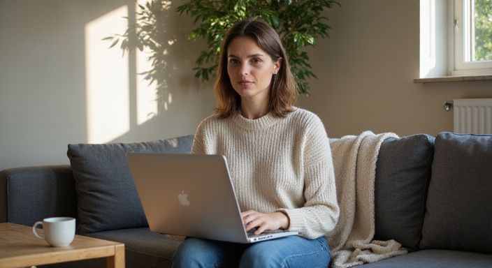 Eine Frau sitzt auf einem Sofa und nutzt einen Laptop.