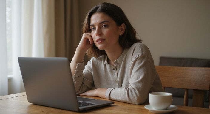 Eine Frau sitzt entspannt an einem Tisch mit Laptop und Kaffeetasse. Eine Frau sitzt entspannt an einem Tisch mit Laptop und Kaffeetasse.