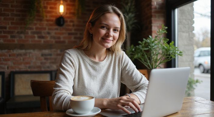 Eine Frau sitzt entspannt in einem Café und arbeitet am Laptop. Eine Frau sitzt entspannt in einem Café und wollen sexkontakt in Freiburg.