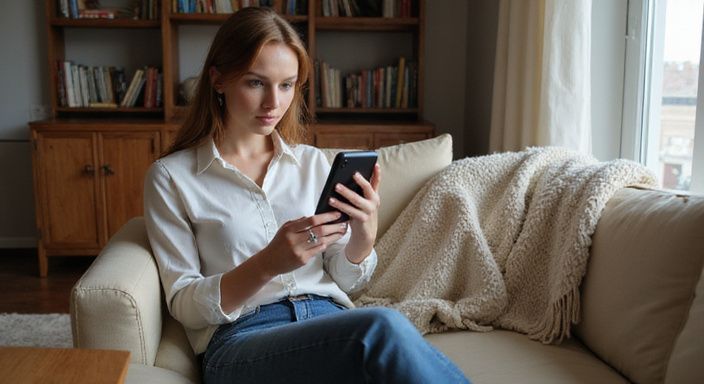 Eine Frau entspannt auf einem Sofa und scrollt am Smartphone. Eine Frau entspannt auf einem Sofa und scrollt am Smartphone.