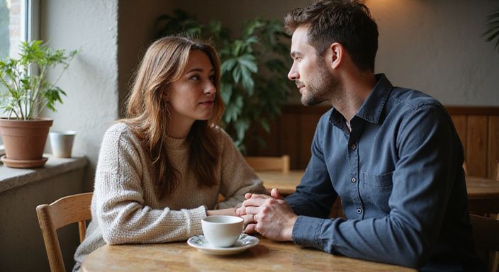 Ein Paar sitzt in einem Café und zeigt vorsichtige Neugier