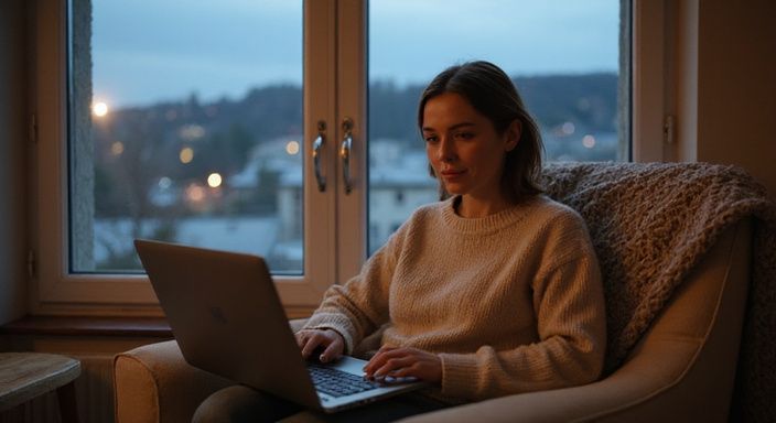 Eine Frau sitzt konzentriert am Laptop in einem gemütlichen Wohnzimmer. Eine Frau sitzt konzentriert am Laptop in einem gemütlichen Wohnzimmer.
