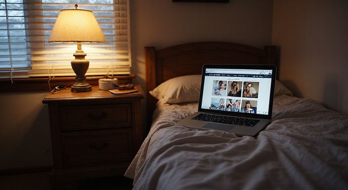 Ein bescheidener Schlafzimmer mit einem Laptop und persönlichen Gegenständen.