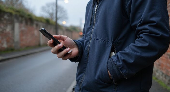 Ein Mann hält ein Smartphone vor einer stillen Straßenecke.