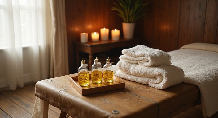 Ein eleganter Spa-Raum mit Massagebett, Ölen und Kerzen.