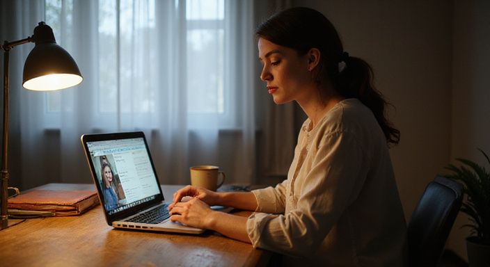 Eine Frau arbeitet konzentriert an ihrem Laptop in einem schlichten Raum und suche Sexkontakt in Genf.
