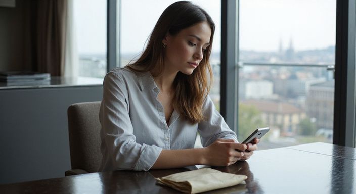 Eine junge Frau sitzt nachdenklich an einem Tisch in einem Hotelzimmer und suche Sexkontakt in Genf.