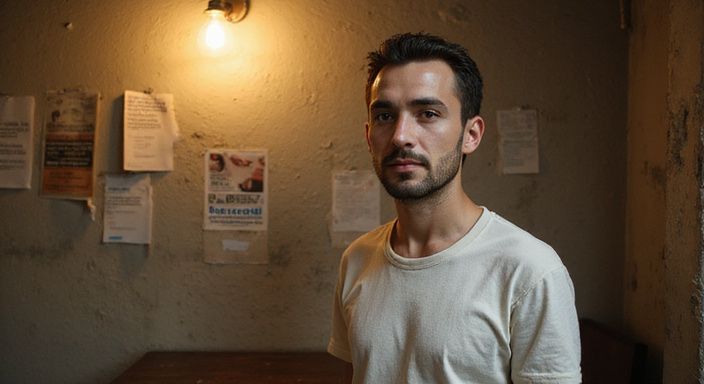 Ein Mann steht in einem Raum mit WerbeFlyern an der Wand und wollen Sexkontakt in Genf.