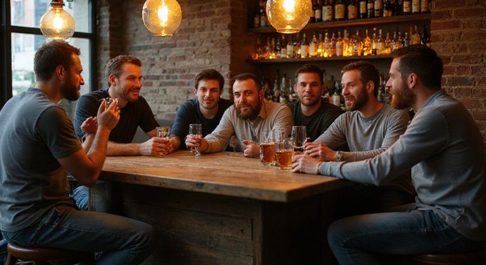 Eine vielfältige Gruppe von Männern genießt die Geselligkeit in einer Bar.