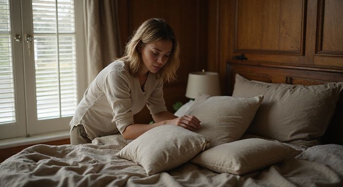 Eine Frau arrangiert ihren gemütlichen Schlafzimmer mit verschiedenen Kissen.