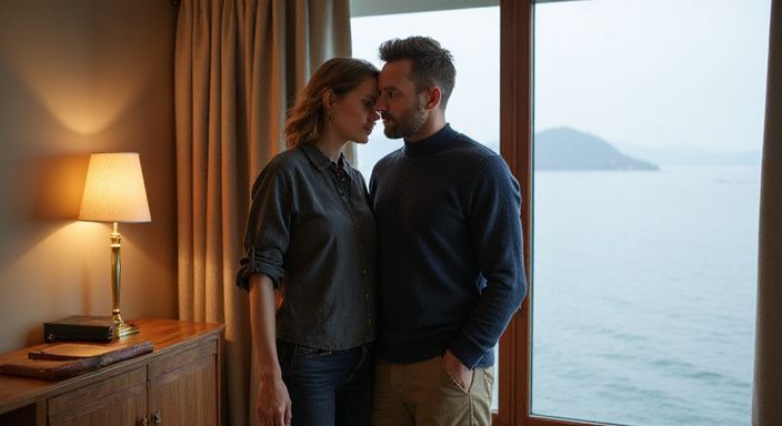 Ein Paar in einem eleganten Hotelzimmer mit Blick auf den Genfersee