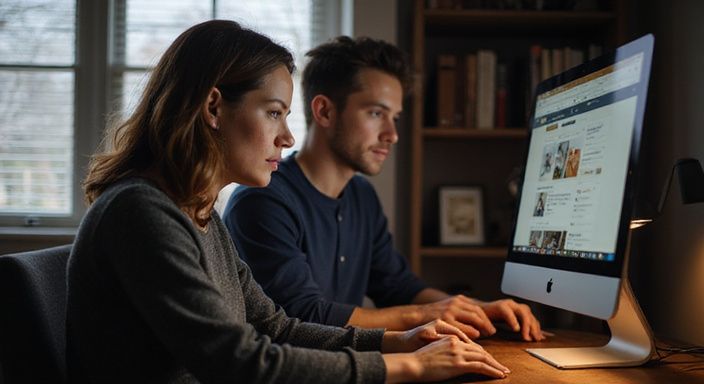 Ein Paar arbeitet konzentriert an einem Computer in einem gemütlichen Raum und suche Sexkontakt in Genf.