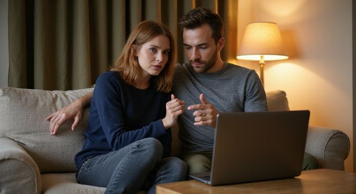 Ein Paar sitzt nah beieinander und schaut auf einen Laptop.