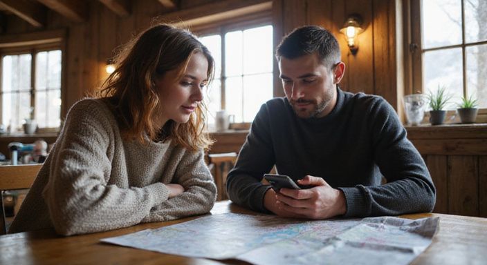 Ein Paar plant auf einer Karte einen privaten Termin in einer Hütte.