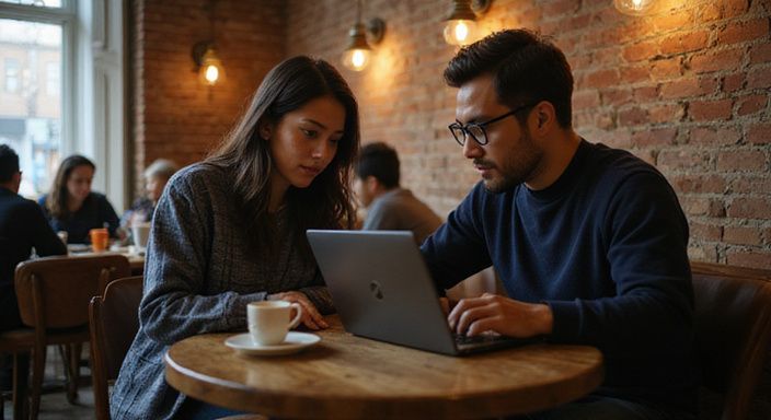 Ein Paar arbeitet konzentriert an Laptops in einem gemütlichen Café.