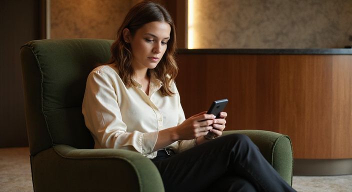 Eine nachdenklich wirkende Frau sitzt in einem eleganten Hotelzimmer.