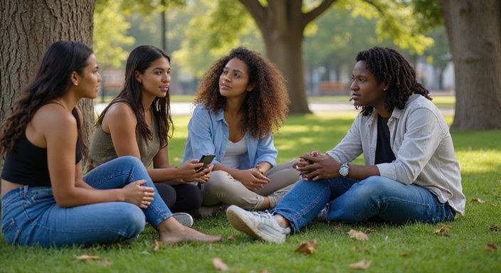 Eine Gruppe junger Erwachsener unterhält sich entspannt im Park.