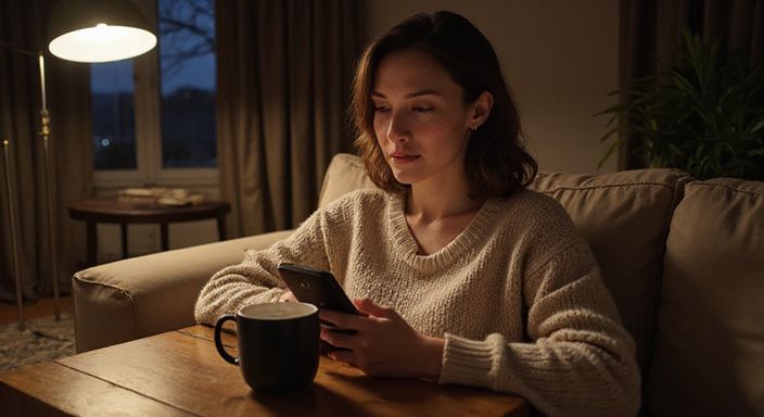 Eine Frau sitzt entspannt auf einem Sofa und nutzt ihr Smartphone.