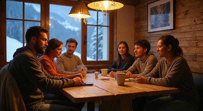 Eine Gruppe von sechs Erwachsenen genießt Gespräche über sexkontakt Graubünden in einem rustikalen Chalet.