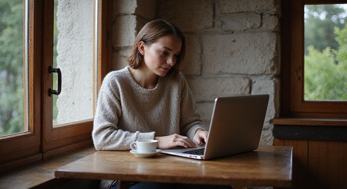 Eine Frau arbeitet konzentriert an ihrem Laptop in einem Café und suche sexkontakt in Graubünden.