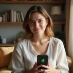 Eine Frau lächelt entspannt mit ihrem Smartphone in der Hand