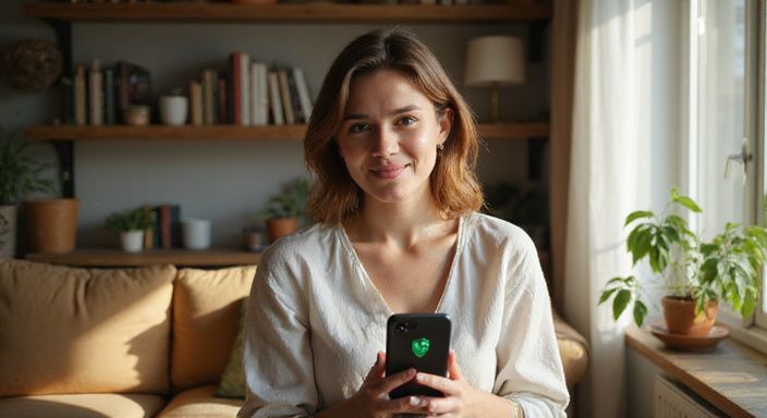 Eine Frau lächelt entspannt mit ihrem Smartphone in der Hand.