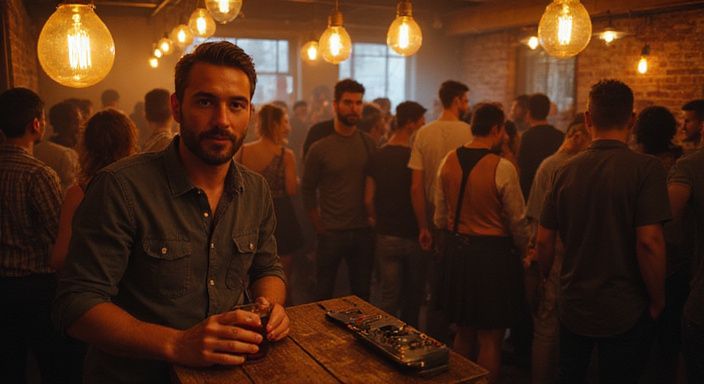 Ein belebter Nachtclub mit fröhlichen Menschen und rustikalem Ambiente.