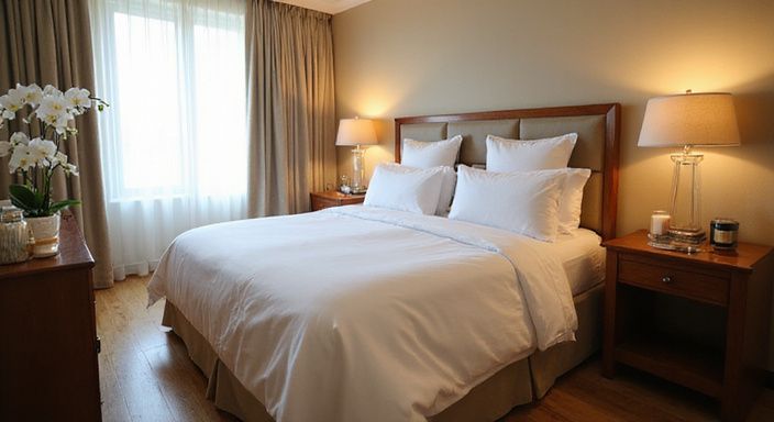 Elegantes Hotelzimmer mit luxuriösen Möbeln und frischen Orchideen.