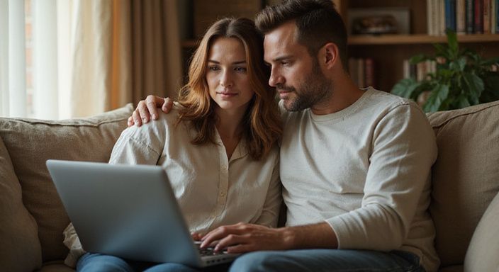Ein Paar nutzt gemeinsam einen Laptop im Wohnzimmer.