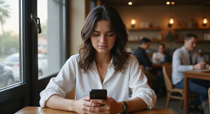 Eine konzentrierte Frau sitzt in einem Café und benutzt ihr Smartphone.
