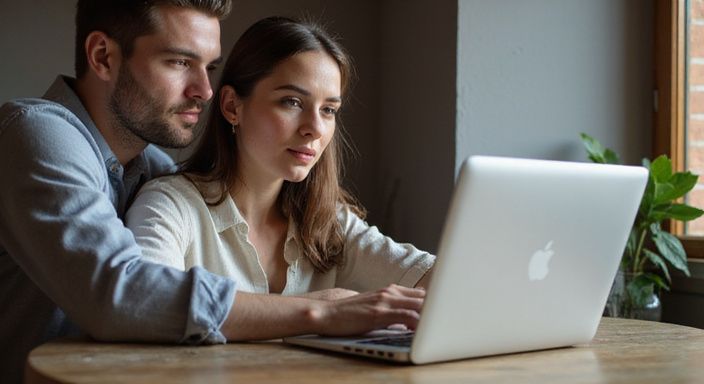 Ein Paar sitzt am Tisch und arbeitet konzentriert am Laptop und wollen sexkontakt in Uri.