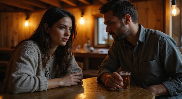 Ein Paar in einem rustikalen Bar führt ein vertrauliches Gespräch über sexkontakt in Uri.