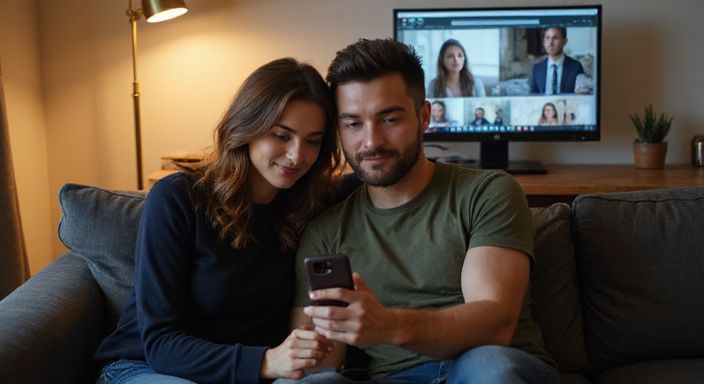 Ein Paar betrachtet gemeinsam ein Smartphone auf ihrem Sofa.