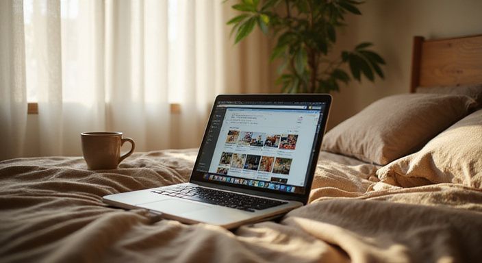 Ein einladendes Schlafzimmer mit einem Laptop und erdigen Linens.