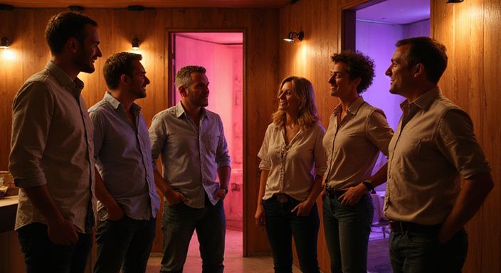 Sechs Erwachsene genießen eine entspannte Diskussion in einem stilvollen Nachtclub.