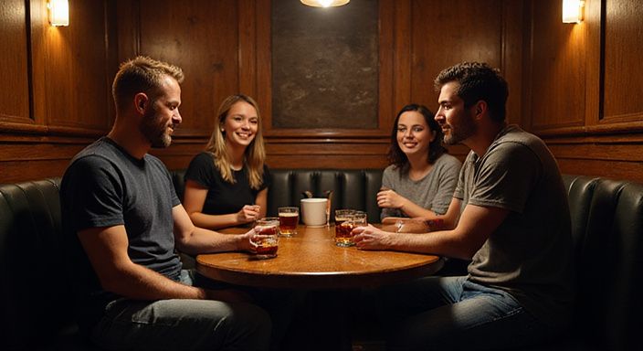 Eine Gruppe junger Leute genießt Getränke in einer gemütlichen Bar.