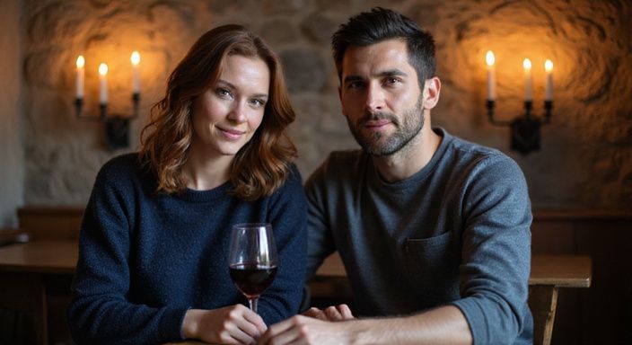 Ein Paar genießt gemütlich Wein in einer rustikalen Weinbar.