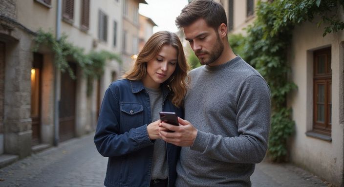 Ein Paar betrachtet gemeinsam auf einem Smartphone einen Bildschirm und wollen sexkontakt in Wallis.