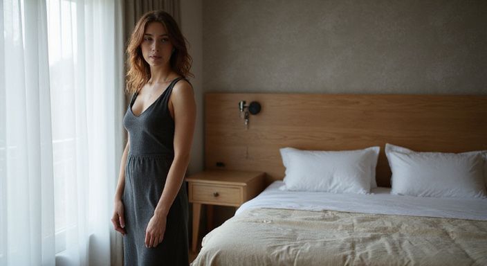 Eine Frau in einem eleganten Kleid steht in einem Hotelzimmer.