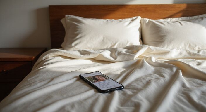 Ein gemütliches Schlafzimmer mit einem Smartphone und Profilbildern von sexkontakt in Wallis.