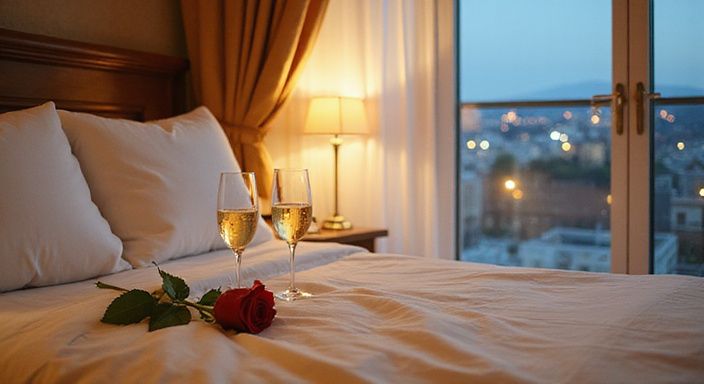 Ein einladendes Hotelzimmer mit eleganter Einrichtung und romantischer Atmosphäre.