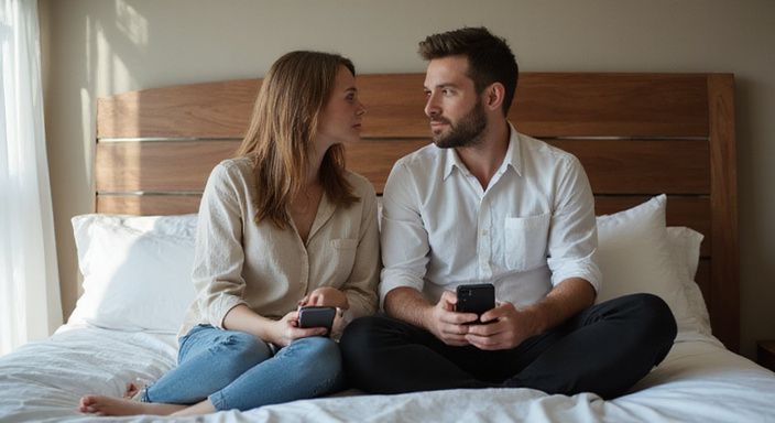 Ein Paar auf einem Hotelbett führt ein intimes Gespräch