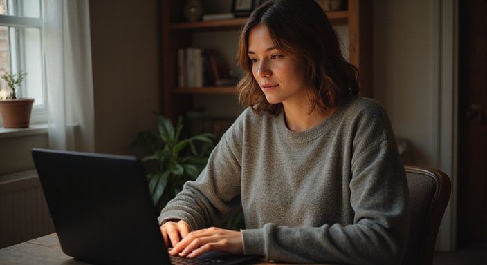 Eine Frau in einem grauen Pullover ist sucht am Laptop nach sexkontakt in Wallis.