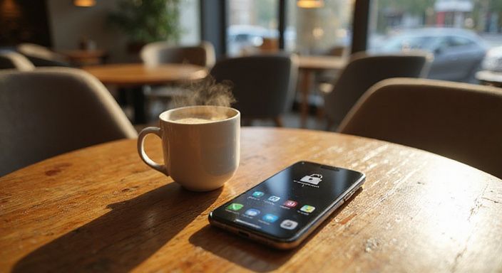 Ein Smartphone mit einer Dating-App auf einem Holztisch neben einer Kaffeetasse. Ein Smartphone mit einer Dating-App auf einem Holztisch neben einer Kaffeetasse.