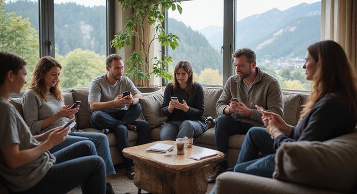 Eine Gruppe von Erwachsenen nutzt gemeinsam Dating-Apps in einem Wohnzimmer. Eine Gruppe von Erwachsenen nutzt gemeinsam Dating-Apps in einem Wohnzimmer.