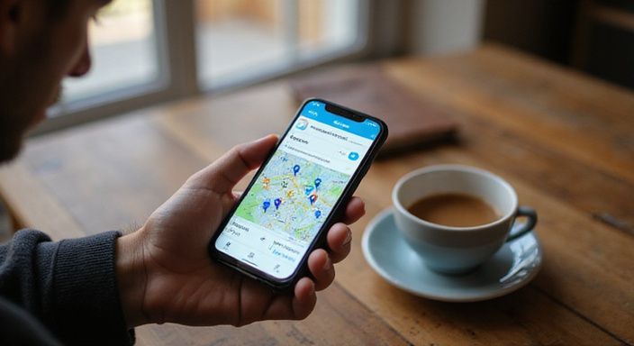 Nahaufnahme eines Smartphones mit interaktivem Schweiz-Kartenbildschirm und Tischdekoration. Nahaufnahme eines Smartphones mit interaktivem Schweiz-Kartenbildschirm und Tischdekoration.